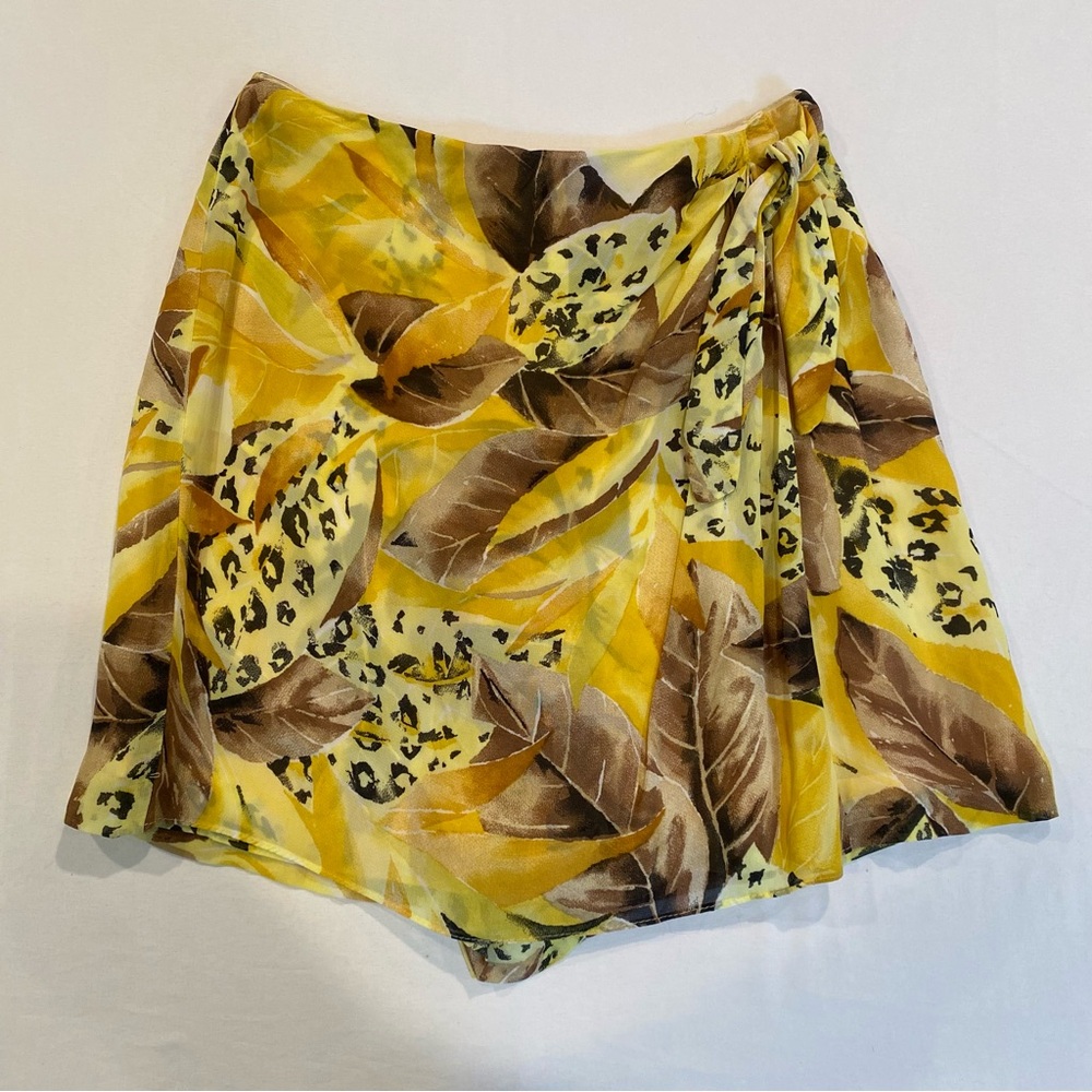 Vintage 90s Cache Yellow and Brown Leaf Print Mini Skirt Sarong, Boho Hawaiian